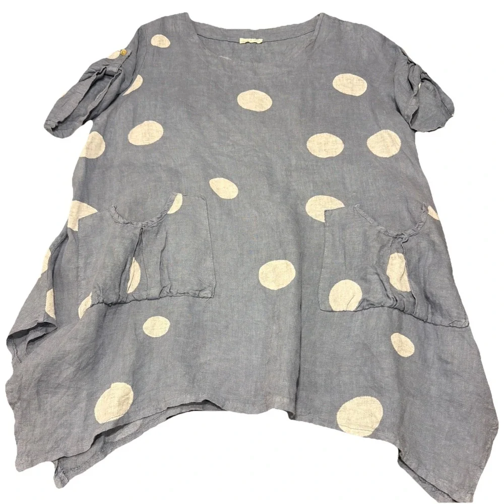 Made In Italy 100% Linen Blue Polka Dot Tunic Top Blouse Lagenlook Boho Artsy - Picture 1 of 9
